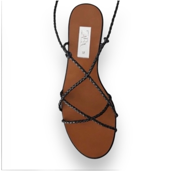 Black Zara Braided Leather Flat Tie Up Sandals Women’s Size 7.5 - Picture 5 of 12